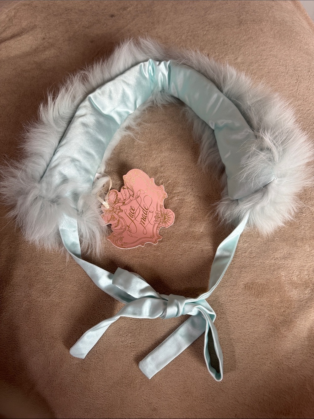 Light Aqua Satin Collar with Plush Faux Fur Trim
